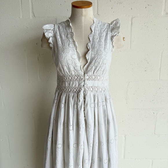 Free People Peach Pie Midi Dress Small White floral lined Ruffle Sleeve Crochet - Picture 3 of 12